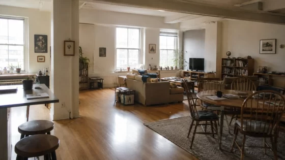 A spacious 1990s-style loft apartment with warm wood floors, large windows, subtle industrial features, and naturally divided living and dining areas with lived-in furniture