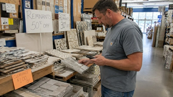 Homeowner browsing clearance tile and stone remnants in a home improvement showroom.