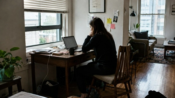 A simple and lived-in workspace in a 1990s loft with a wooden desk, laptop, and natural daylight from a large window
