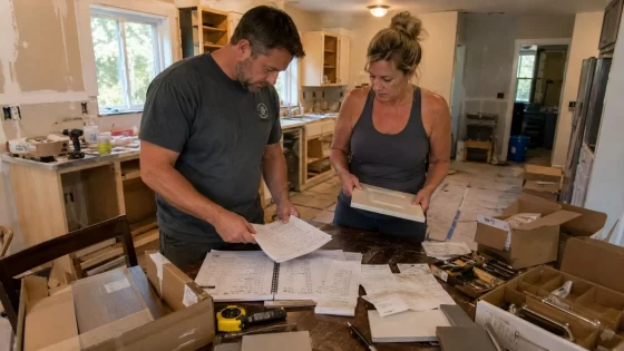 Homeowners reviewing renovation plans and material samples in a partially remodeled home while managing improvement costs.
