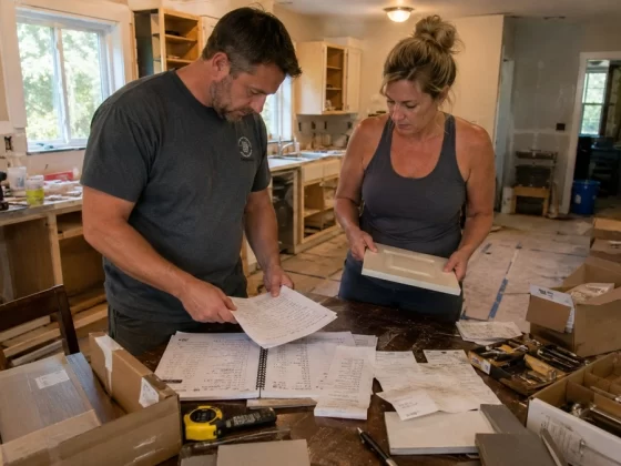 Homeowners reviewing renovation plans and material samples in a partially remodeled home while managing improvement costs.