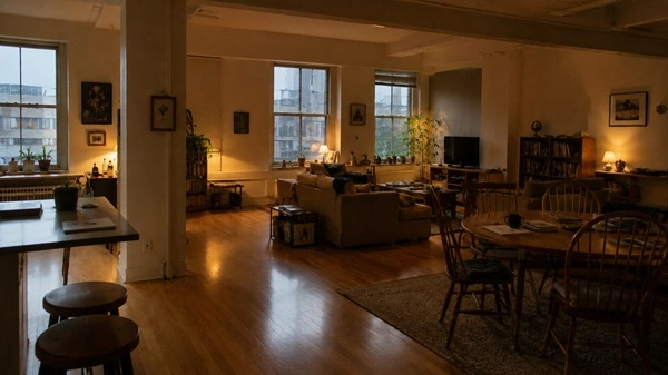 A 1990s loft interior with multiple light sources including pendant lamps and floor lamps creating layered ambient lighting