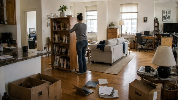 A person rearranging a 1990s loft apartment using rugs and shelving to create separate living and working zones