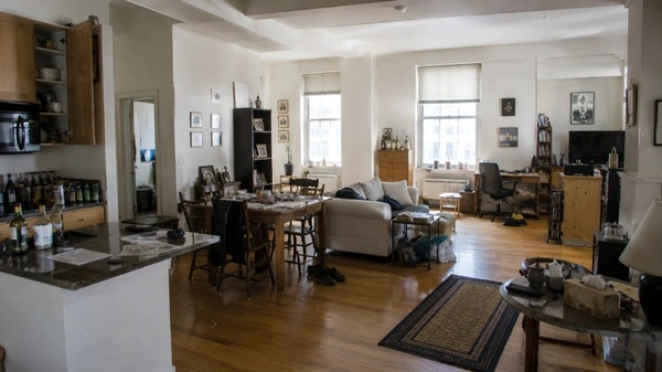 A 1990s loft interior where furniture is poorly arranged without clear zones, making the open space feel awkward and unfocused