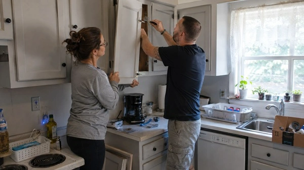 Two people reinstalling newly painted cabinet doors in a finished kitchen.