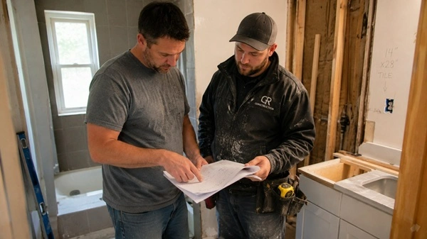 Homeowner and contractor discussing renovation plans and written estimates inside a home.