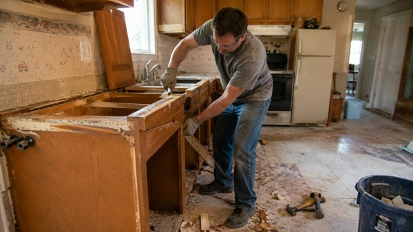 Homeowner removing old cabinets during a DIY demolition project before renovation work begins.
