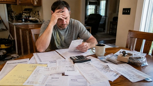 Homeowner reacting to unexpected renovation expenses while reviewing invoices and receipts at home.