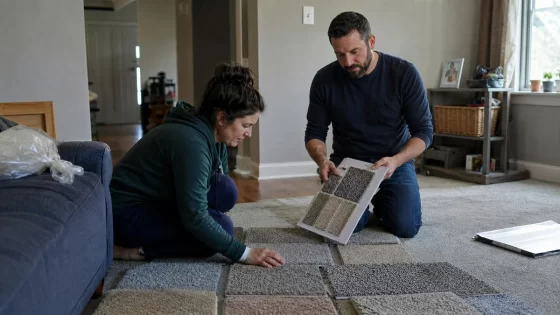 A couple is comparing carpet samples on a living room floor in natural lighting