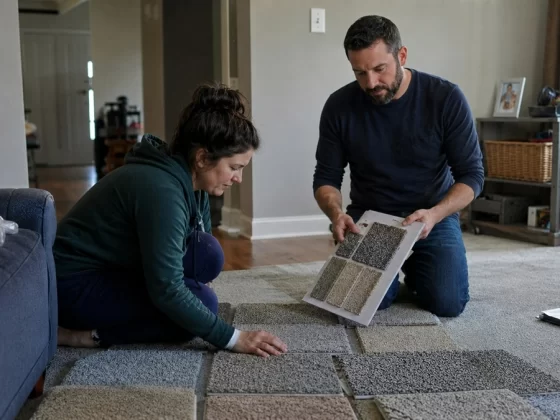 A couple is comparing carpet samples on a living room floor in natural lighting