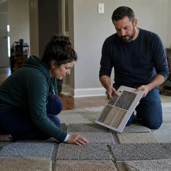 A couple is comparing carpet samples on a living room floor in natural lighting