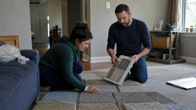 A couple is comparing carpet samples on a living room floor in natural lighting
