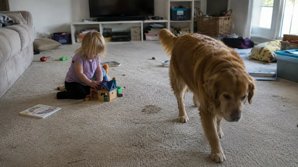 Child and dog on worn carpet in a real family living room