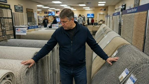 Customer overwhelmed while browsing carpet samples in a showroom aisle